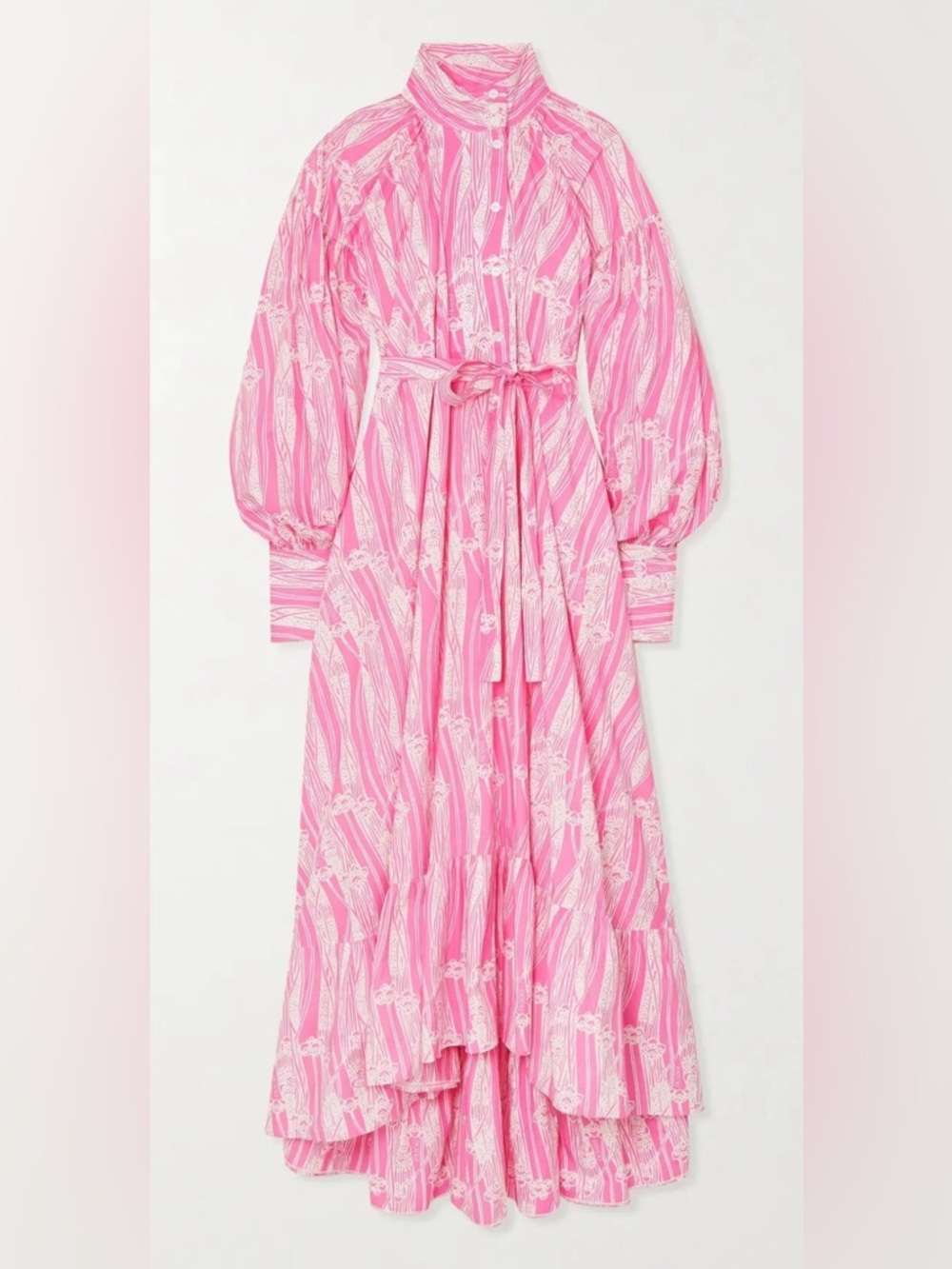 PATOU  Belted Tiered Printed Cotton-Poplin Button Maxi Dress Sz: 36 FR / US 4-6